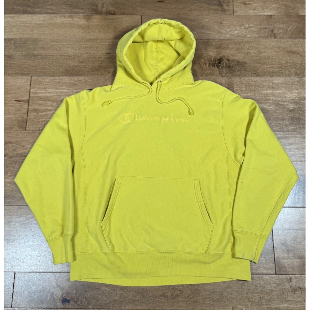 Champion Reverse Weave Yellow Hoodie Embroidered Logo‎ Mens L Vintage
